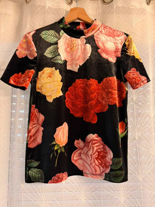 🌺 T-shirt Zara Trafaluc - Noir à Motif Fleur Rose/Jaune/Vert - Taille S