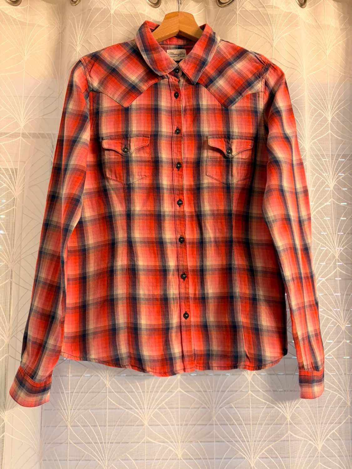 🍉🌊 Chemise Wrangler Flannel Femme - Carreaux Corail/Marine/Beige - Taille M