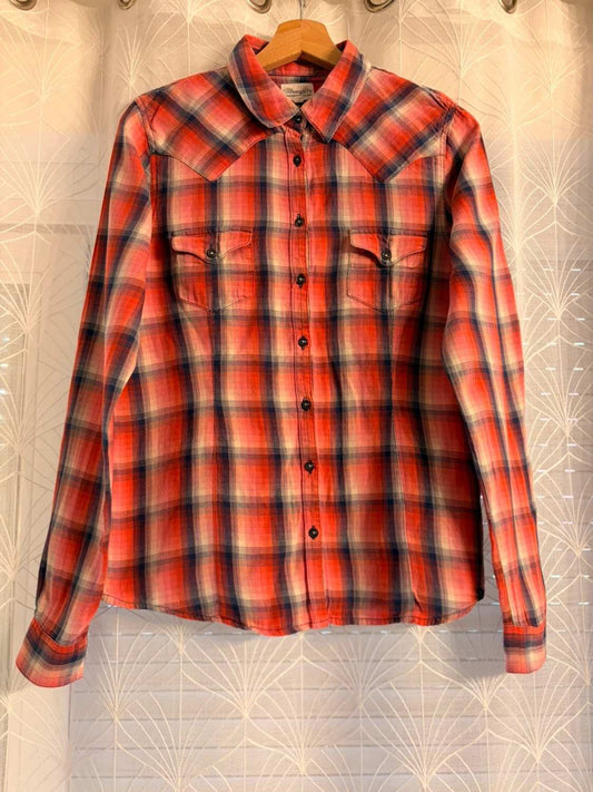 🍉🌊 Chemise Wrangler Flannel Femme - Carreaux Corail/Marine/Beige - Taille M
