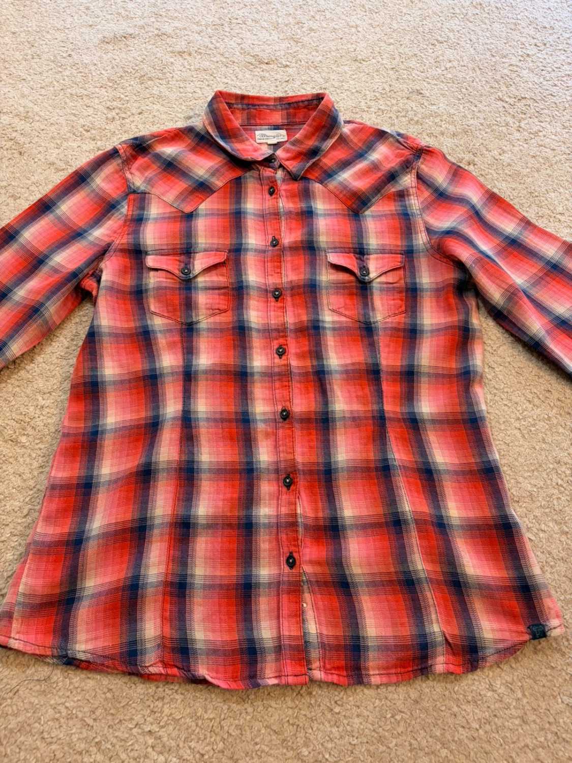 🍉🌊 Chemise Wrangler Flannel Femme - Carreaux Corail/Marine/Beige - Taille M