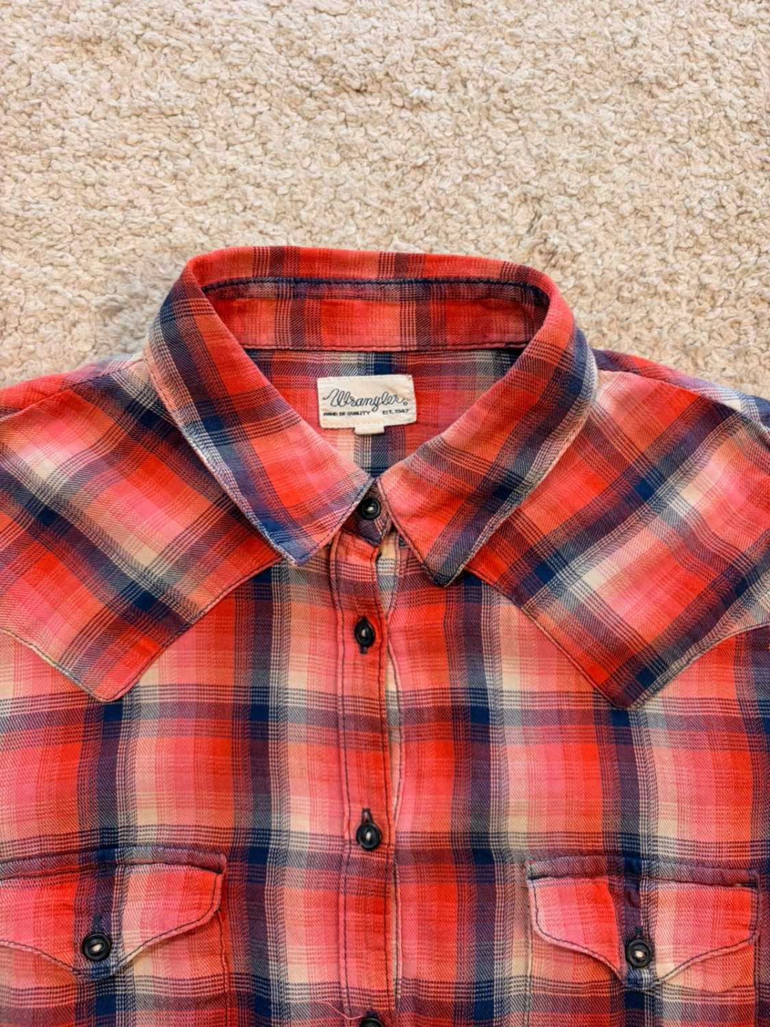 🍉🌊 Chemise Wrangler Flannel Femme - Carreaux Corail/Marine/Beige - Taille M