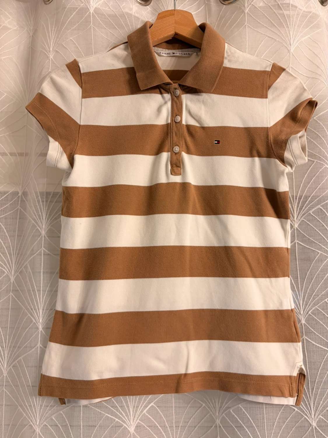🤎 Polo Tommy Hilfiger Femme Rayé - Blanc & Marron - Taille XS/S