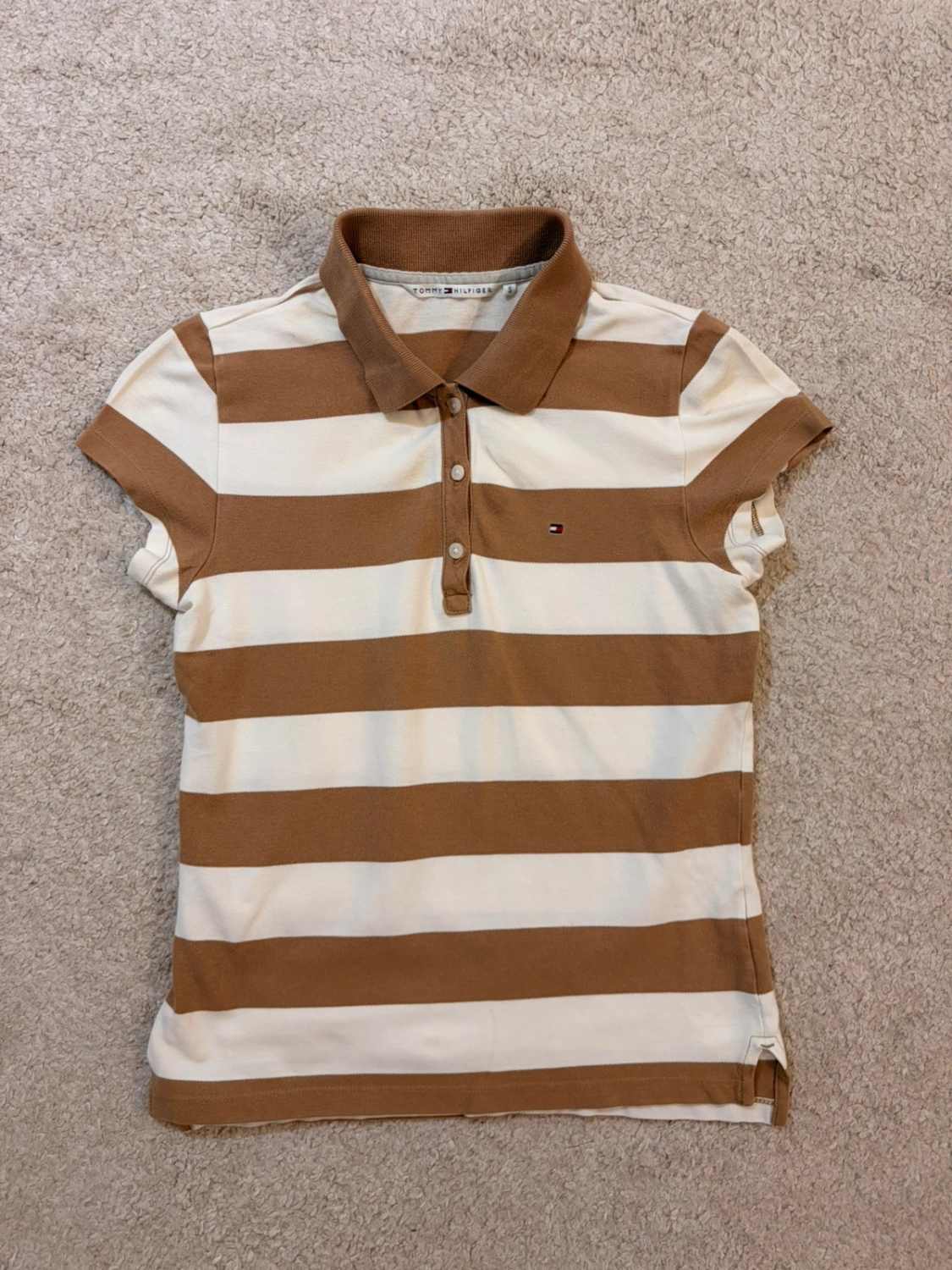🤎 Polo Tommy Hilfiger Femme Rayé - Blanc & Marron - Taille XS/S