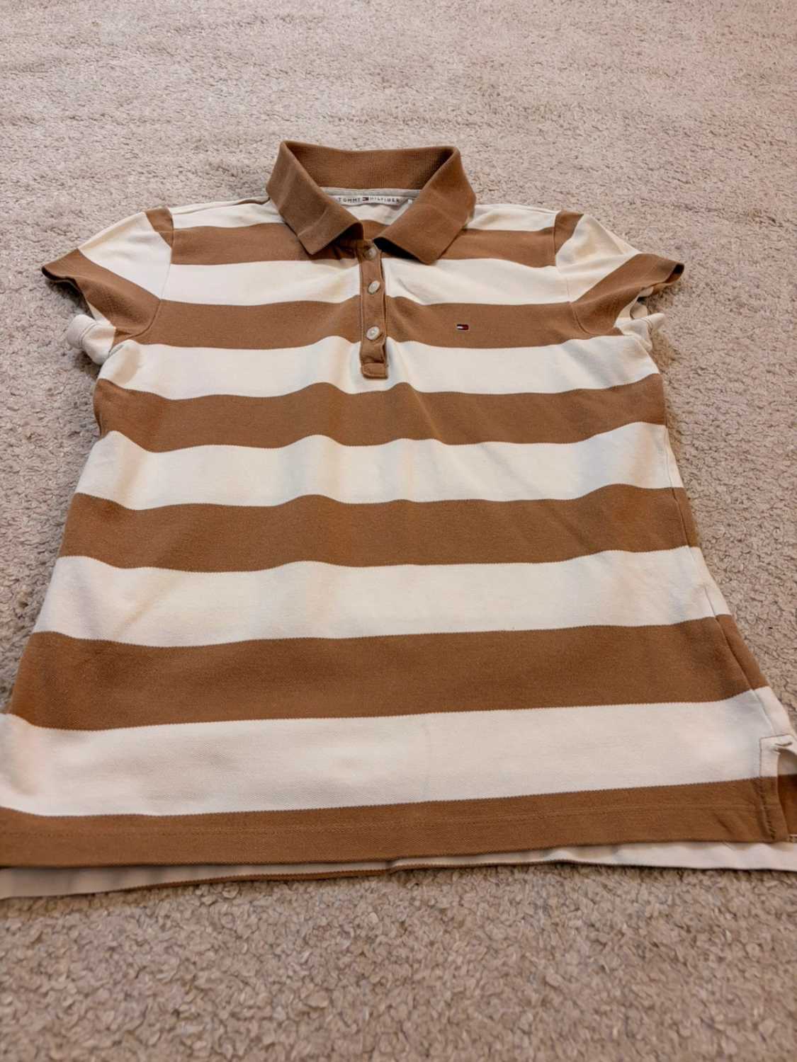 🤎 Polo Tommy Hilfiger Femme Rayé - Blanc & Marron - Taille XS/S