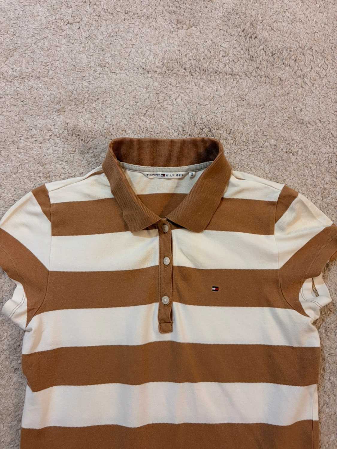 🤎 Polo Tommy Hilfiger Femme Rayé - Blanc & Marron - Taille XS/S