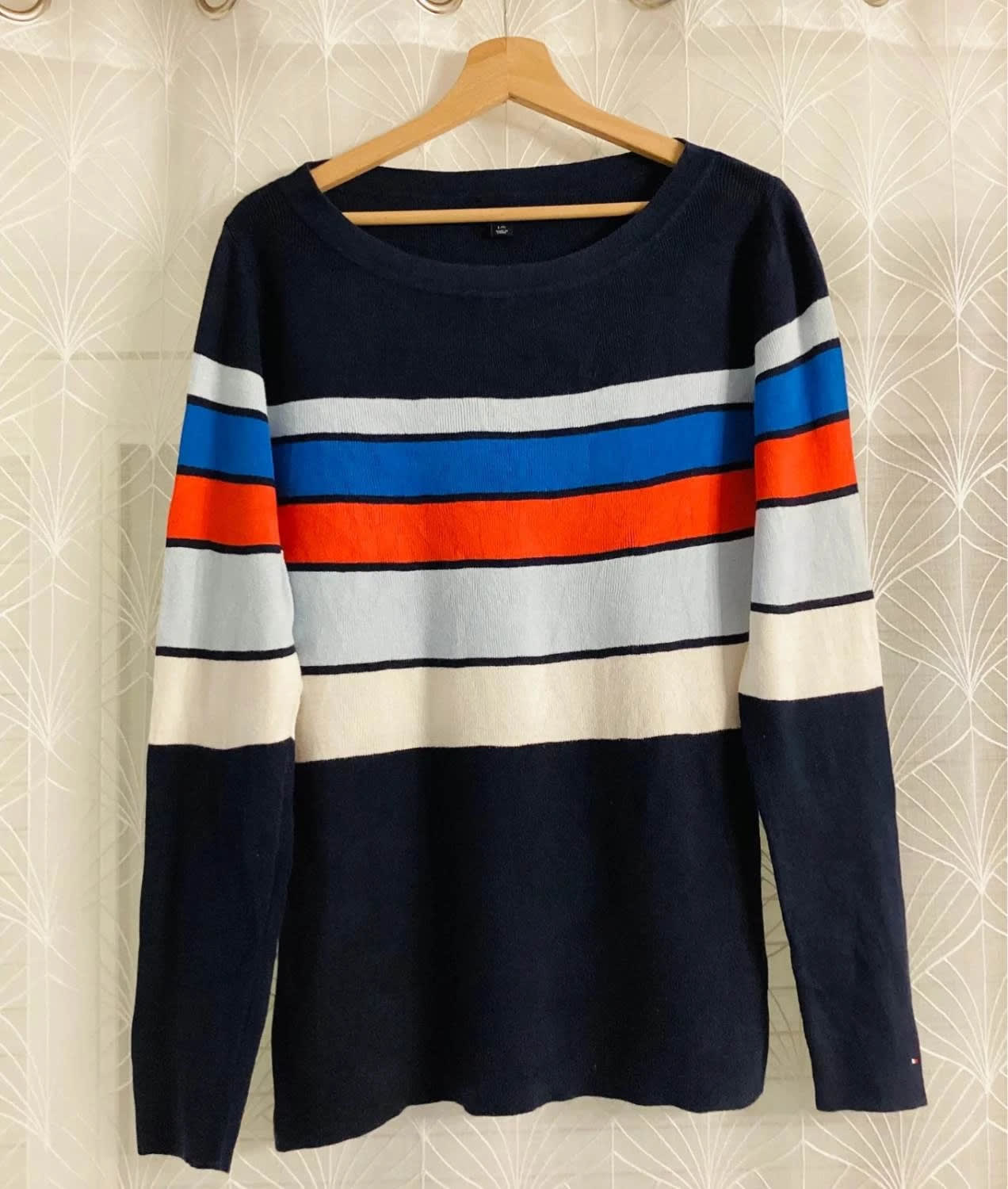 Pull Tommy Hilfiger Rayures Color-Block Marine/Orange/Bleu Col Rond – Femme – Taille L