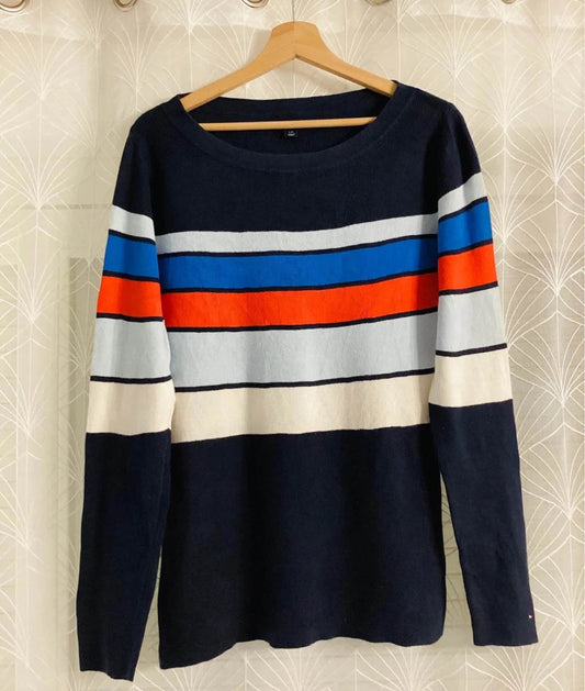 Pull Tommy Hilfiger Rayures Color-Block Marine/Orange/Bleu Col Rond – Femme – Taille L