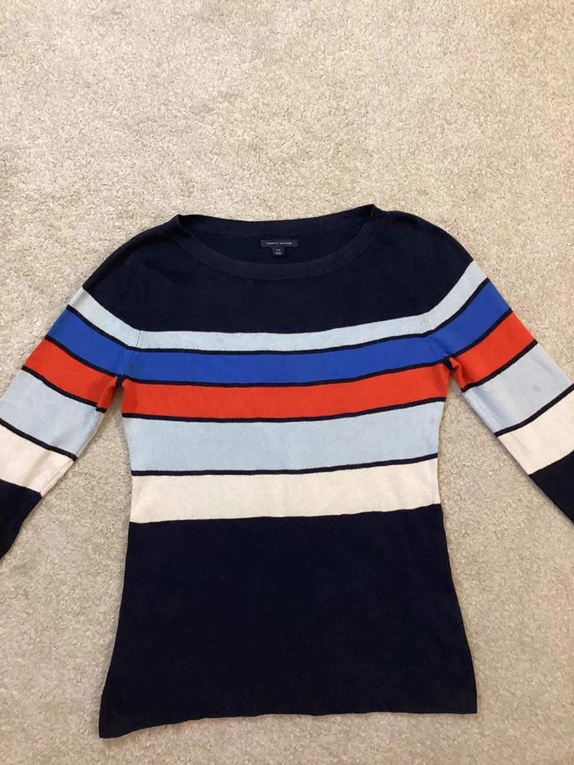 Pull Tommy Hilfiger Rayures Color-Block Marine/Orange/Bleu Col Rond – Femme – Taille L