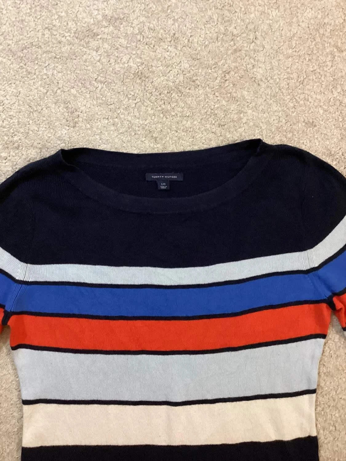 Pull Tommy Hilfiger Rayures Color-Block Marine/Orange/Bleu Col Rond – Femme – Taille L