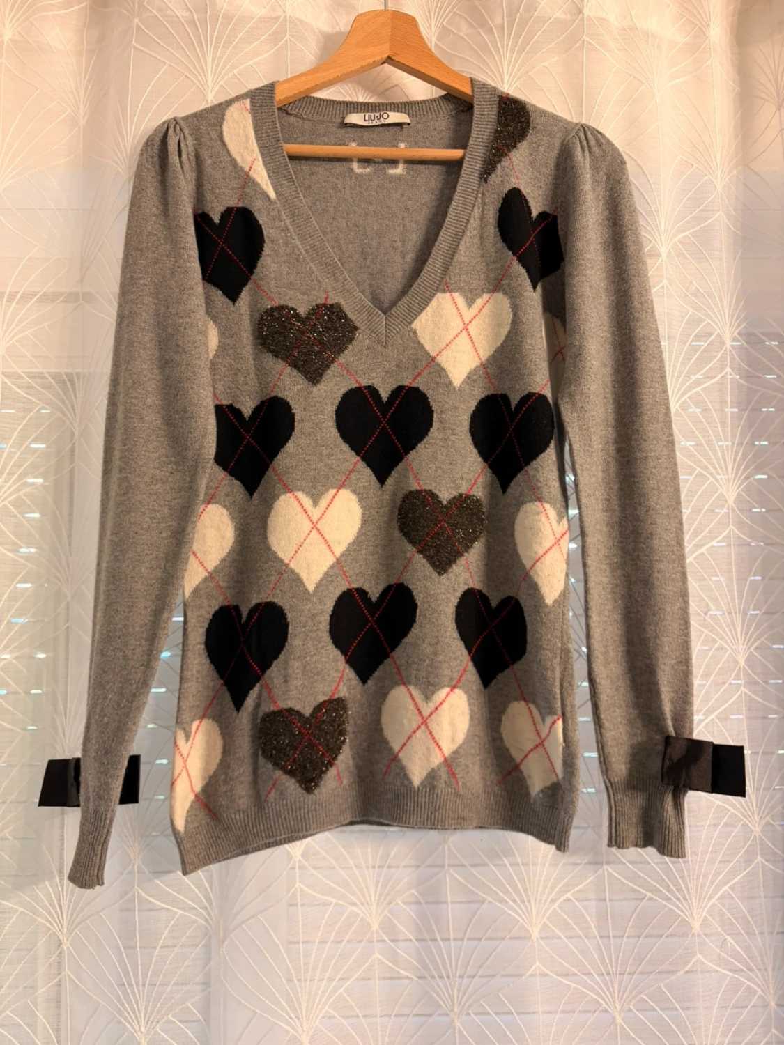 Pull Col V Liu Jo Cachemire Angora Motif Cœurs Nœuds Satin – Femme – Taille XS