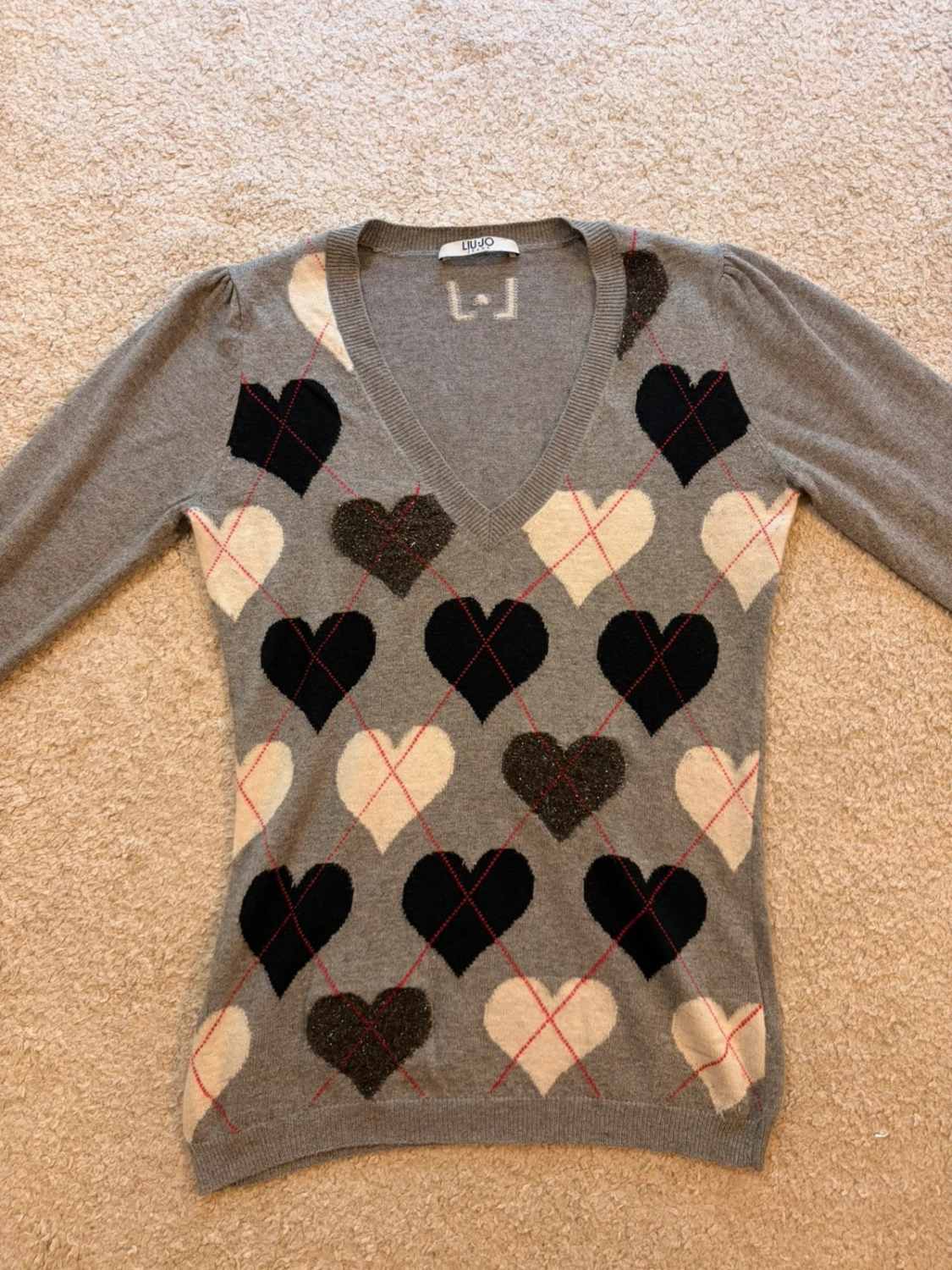 Pull Col V Liu Jo Cachemire Angora Motif Cœurs Nœuds Satin – Femme – Taille XS
