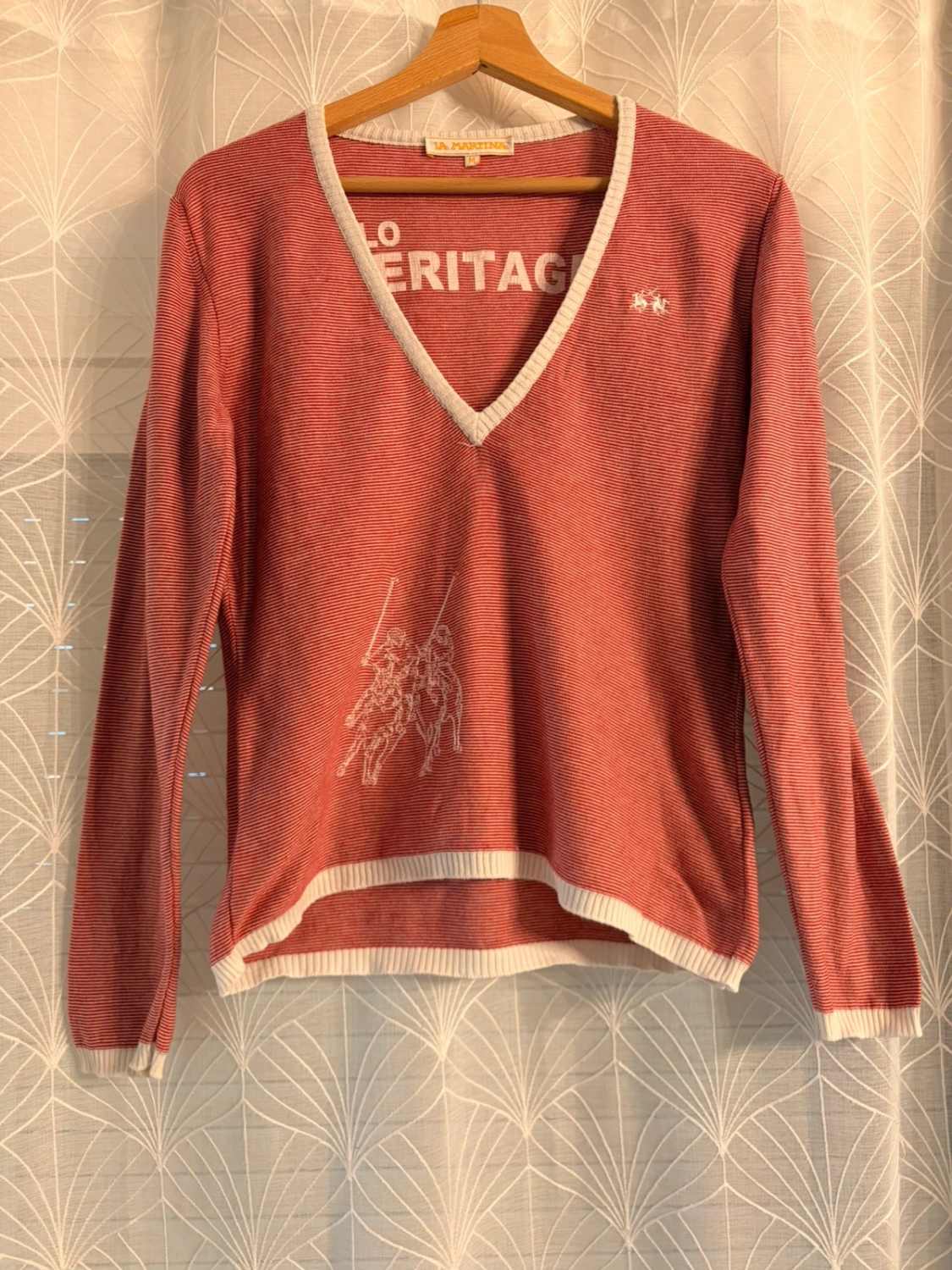Pull Fin La Martina Polo Heritage Rayures Rouge/Blanc Col V Brodé – Femme – Taille M