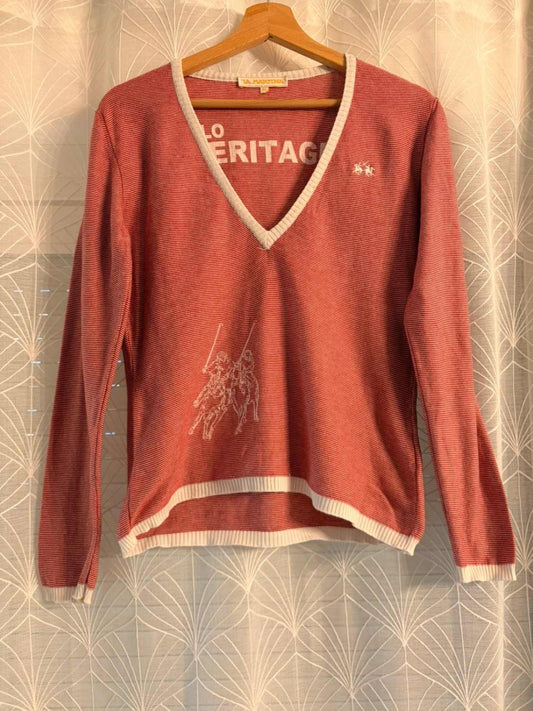 Pull Fin La Martina Polo Heritage Rayures Rouge/Blanc Col V Brodé – Femme – Taille M