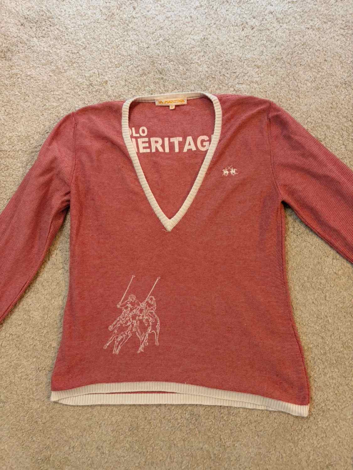 Pull Fin La Martina Polo Heritage Rayures Rouge/Blanc Col V Brodé – Femme – Taille M