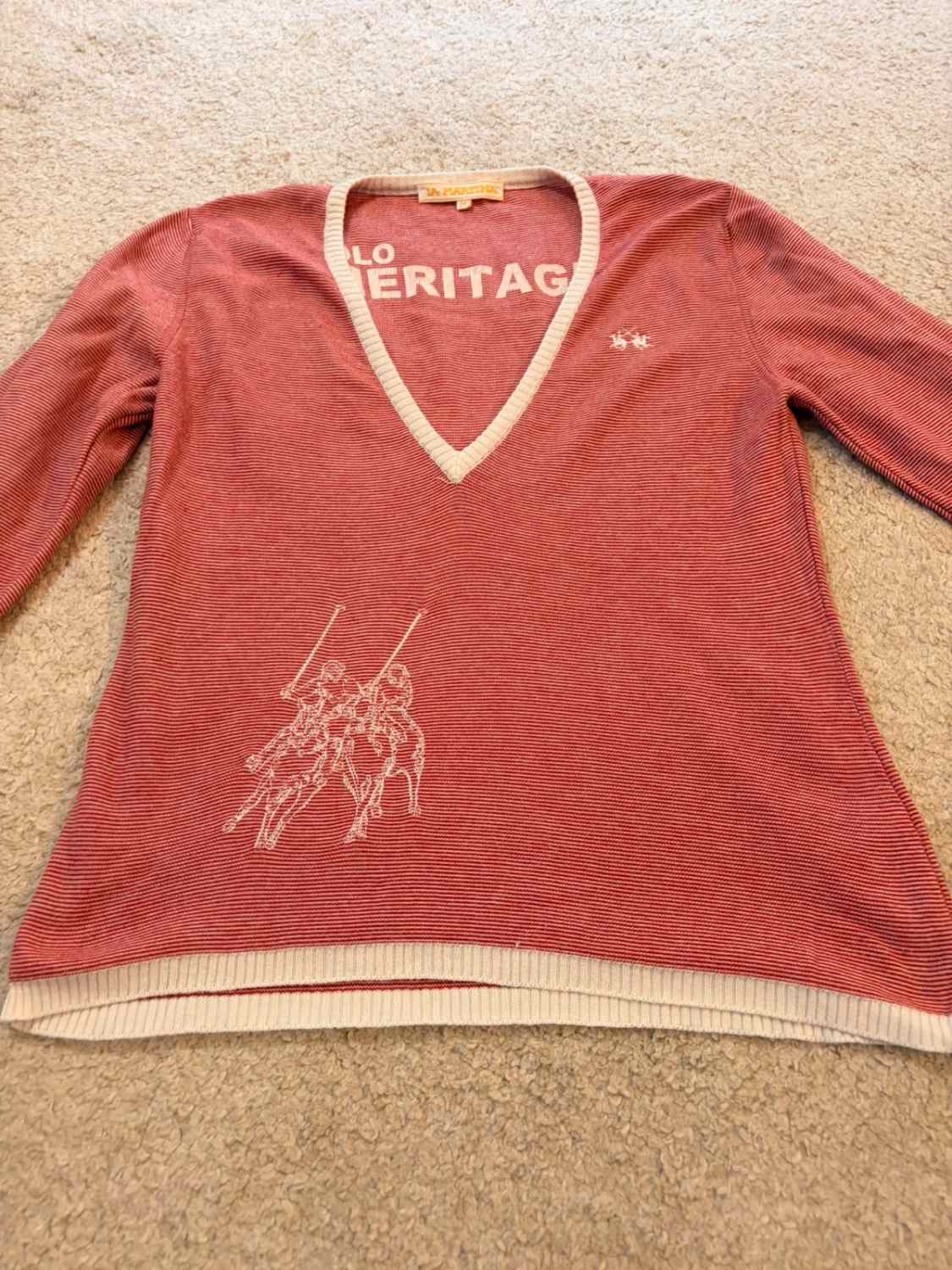 Pull Fin La Martina Polo Heritage Rayures Rouge/Blanc Col V Brodé – Femme – Taille M