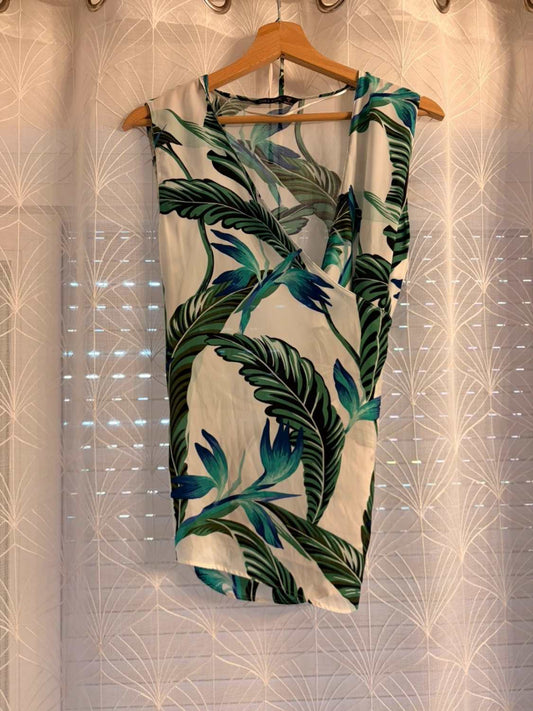 Blouse Zara Basic - Blanc à Motif Vert - Taille M