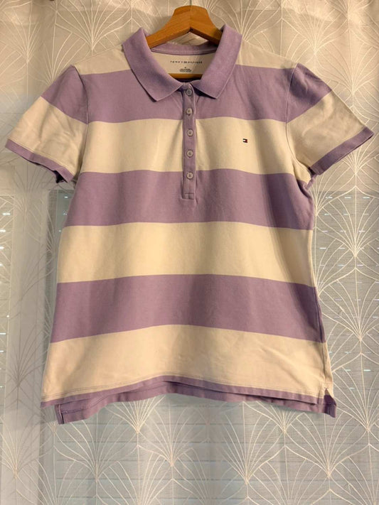 💜 Polo Tommy Hilfiger à Rayures Violet/Blanc - Taille M