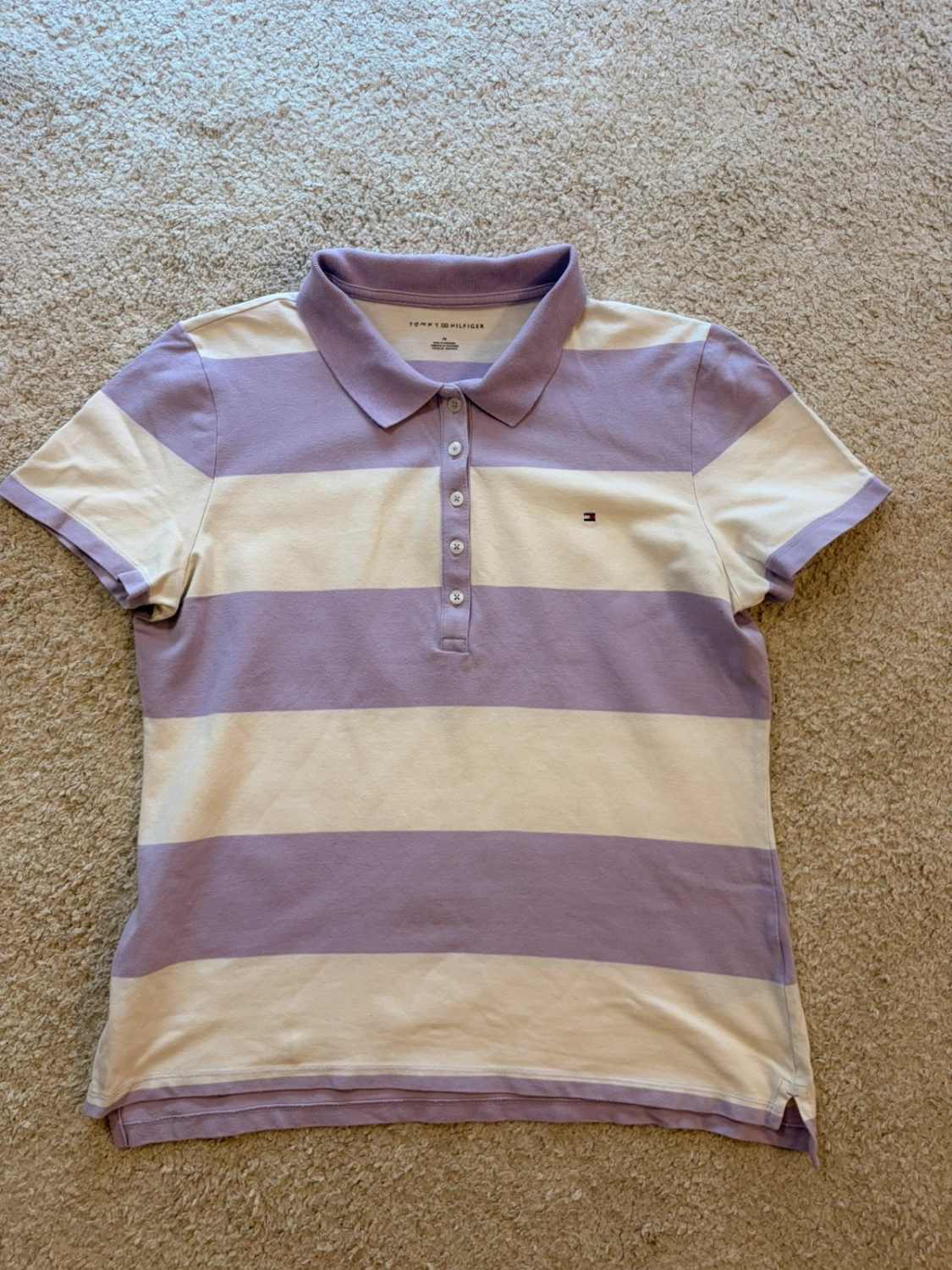 💜 Polo Tommy Hilfiger à Rayures Violet/Blanc - Taille M