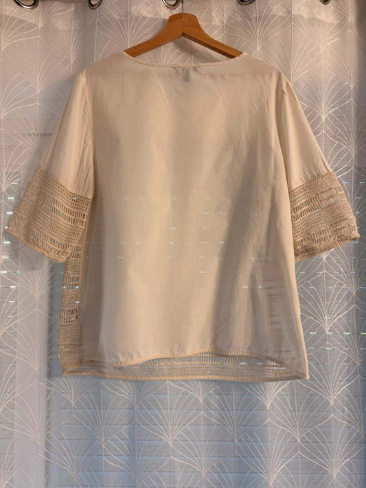 Blouse beige à manches crochetées, style bohème chic, vêtement d'occasion tendance