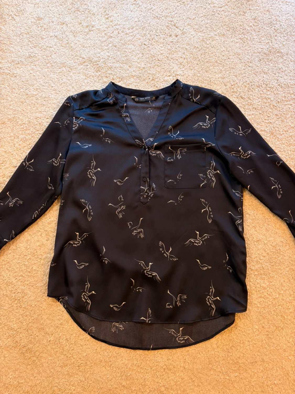 👚 Blouse Zara Basic - Marine - Motifs Oiseaux - Femme (M)