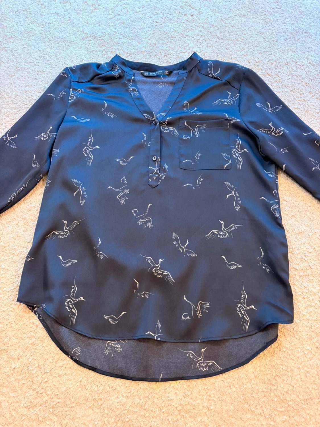 👚 Blouse Zara Basic - Marine - Motifs Oiseaux - Femme (M)