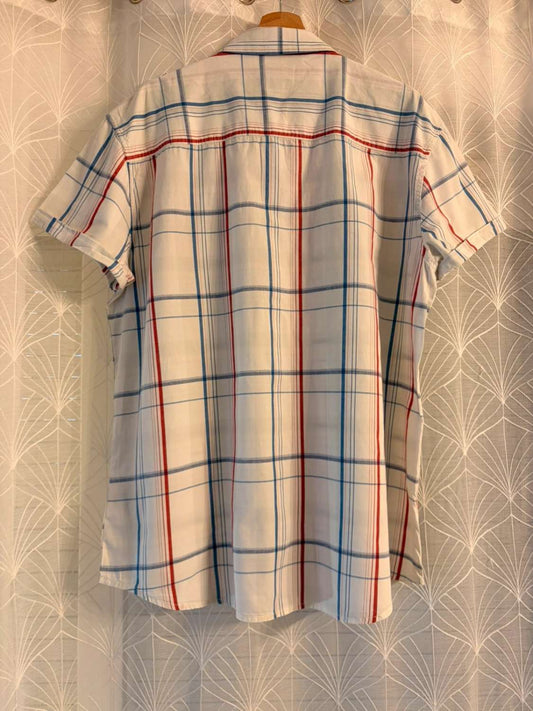 Chemise à carreaux blancs, rouges et bleus, manches courtes, seconde main